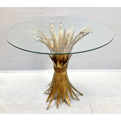 370 - MAISON JANSEN STYLE SIDE TABLE, 60cm high, 70cm diameter, wheat sheaf design, gilt metal, glass top.