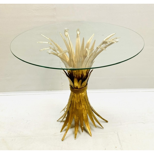 370 - MAISON JANSEN STYLE SIDE TABLE, 60cm high, 70cm diameter, wheat sheaf design, gilt metal, glass top.