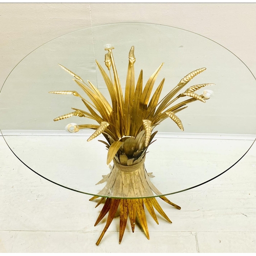 370 - MAISON JANSEN STYLE SIDE TABLE, 60cm high, 70cm diameter, wheat sheaf design, gilt metal, glass top.