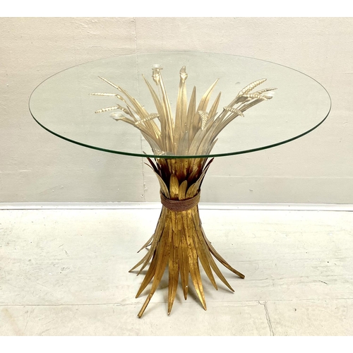 370 - MAISON JANSEN STYLE SIDE TABLE, 60cm high, 70cm diameter, wheat sheaf design, gilt metal, glass top.