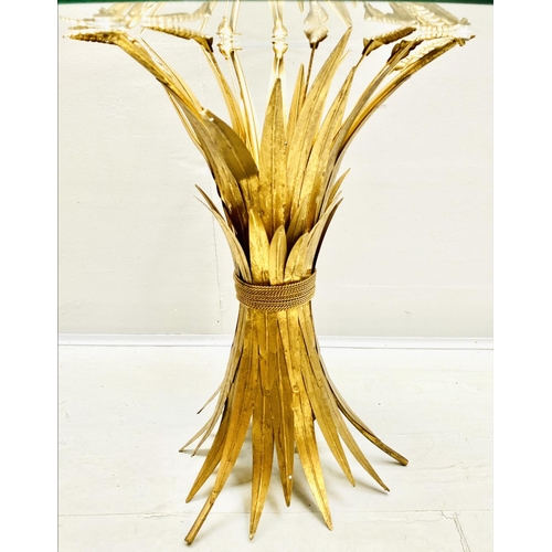 370 - MAISON JANSEN STYLE SIDE TABLE, 60cm high, 70cm diameter, wheat sheaf design, gilt metal, glass top.