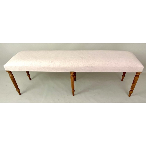 371 - HALL SEAT, 150cm x 40cm x 50cm, neutral upholstery, on six turned legs.