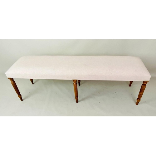 371 - HALL SEAT, 150cm x 40cm x 50cm, neutral upholstery, on six turned legs.