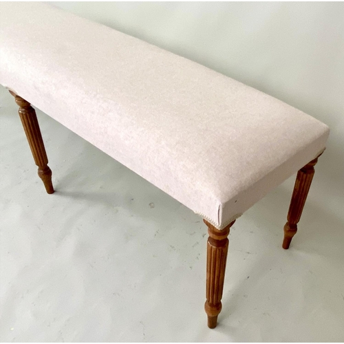 371 - HALL SEAT, 150cm x 40cm x 50cm, neutral upholstery, on six turned legs.