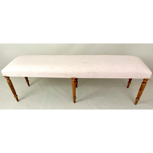 371 - HALL SEAT, 150cm x 40cm x 50cm, neutral upholstery, on six turned legs.