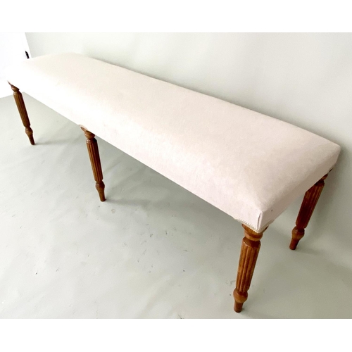 371 - HALL SEAT, 150cm x 40cm x 50cm, neutral upholstery, on six turned legs.