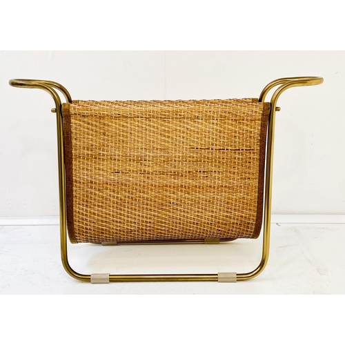 372 - MAGAZINE RACK, 39cm high, 64cm wide, 20cm deep, 1960s French Style, gilt metal and rattan.