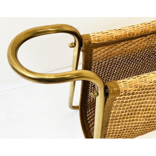 372 - MAGAZINE RACK, 39cm high, 64cm wide, 20cm deep, 1960s French Style, gilt metal and rattan.