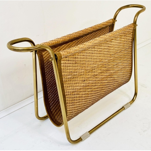 372 - MAGAZINE RACK, 39cm high, 64cm wide, 20cm deep, 1960s French Style, gilt metal and rattan.