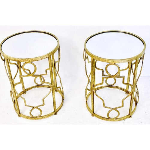 374 - SIDE TABLES, a pair, 56cm high, 46cm diameter, gilt metal lattice design frames, mirror glass tops. ... 