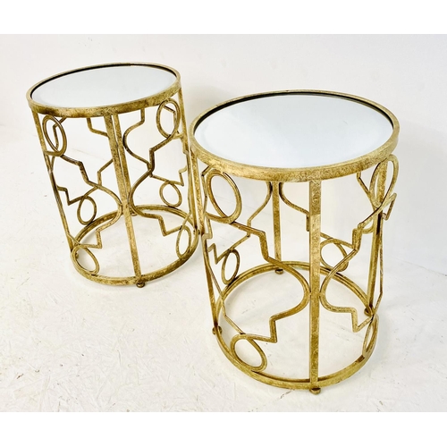 374 - SIDE TABLES, a pair, 56cm high, 46cm diameter, gilt metal lattice design frames, mirror glass tops. ... 