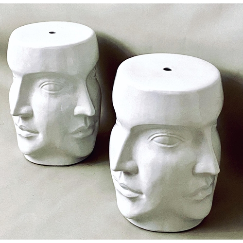 375 - BARREL STOOLS, a pair, glazed ceramic, Surrealist style design, 44cm high, 38cm diameter. (2)