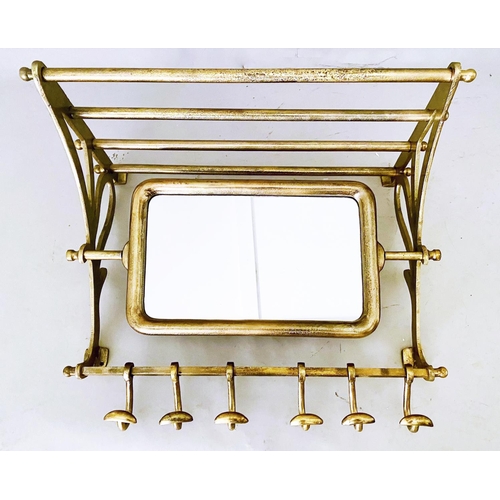 376 - WALL MOUNTING LUGGAGE RACK, gilt metal finish, articulating mirror, six hooks to base, 54cm x 67cm x... 