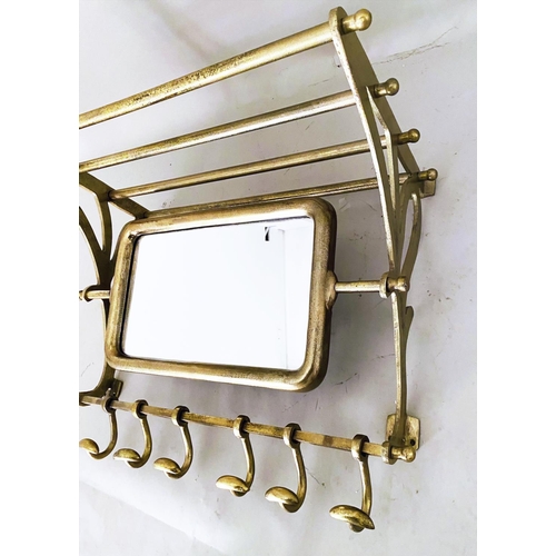 376 - WALL MOUNTING LUGGAGE RACK, gilt metal finish, articulating mirror, six hooks to base, 54cm x 67cm x... 