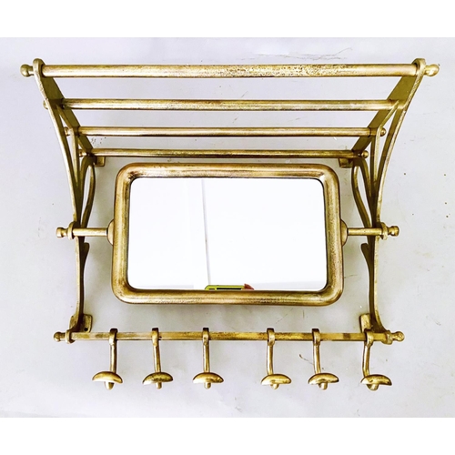 376 - WALL MOUNTING LUGGAGE RACK, gilt metal finish, articulating mirror, six hooks to base, 54cm x 67cm x... 