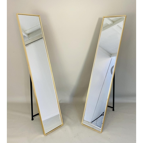 378 - DRESSING MIRRORS, a pair, floor standing 1960s French style, gilt frames, 152cm high, 30cm wide. (2)