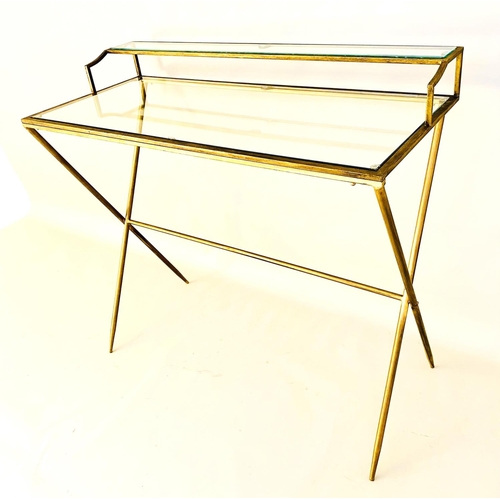 382 - WRITING DESK, 1960s French style, gilt metal cross and glass, 87cm x 95cm x 42cm.