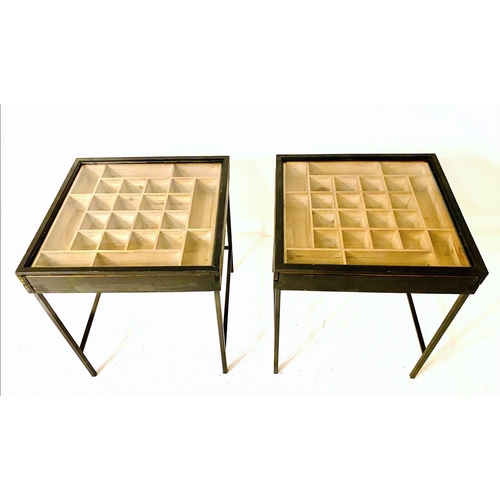 387 - SPECIMEN SIDE TABLES, 62cm high, 55cm wide, 51cm deep, pair, ebonised with pine interior, glazed top... 