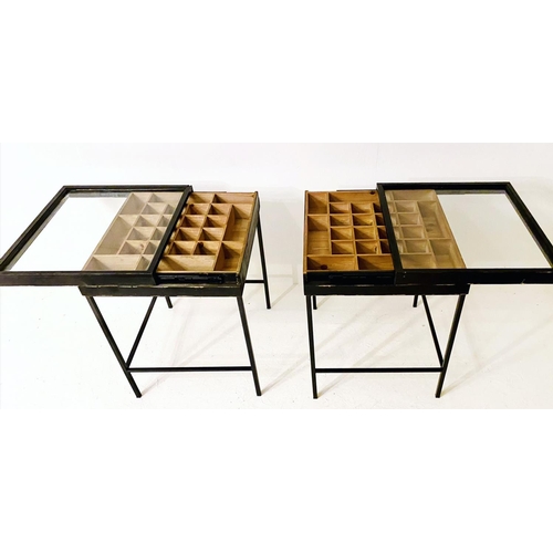 387 - SPECIMEN SIDE TABLES, 62cm high, 55cm wide, 51cm deep, pair, ebonised with pine interior, glazed top... 