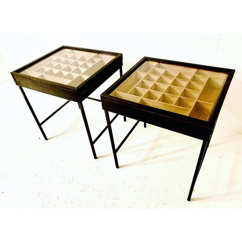 387 - SPECIMEN SIDE TABLES, 62cm high, 55cm wide, 51cm deep, pair, ebonised with pine interior, glazed top... 