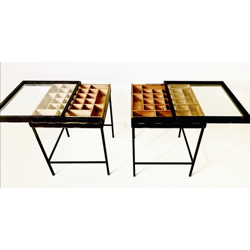 387 - SPECIMEN SIDE TABLES, 62cm high, 55cm wide, 51cm deep, pair, ebonised with pine interior, glazed top... 