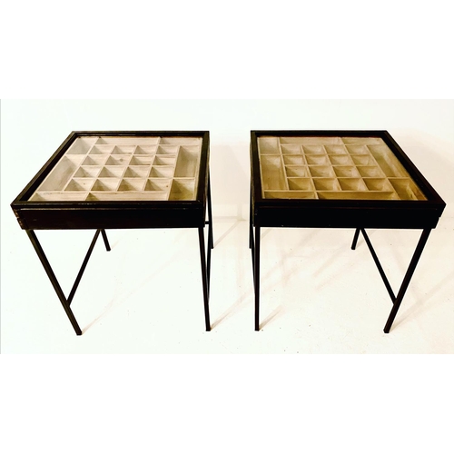 387 - SPECIMEN SIDE TABLES, 62cm high, 55cm wide, 51cm deep, pair, ebonised with pine interior, glazed top... 