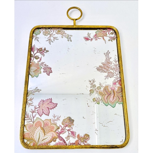 390 - WALL MIRRORS, a set of three, all with floral decoration, gilt frames, 64cm high, 40cm wide. (3)