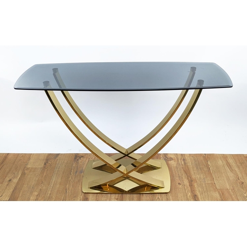 408 - CONSOLE TABLE, 1970's Italian style, gilt metal, smoked glass top, 110cm x 38cm x 76.5cm.