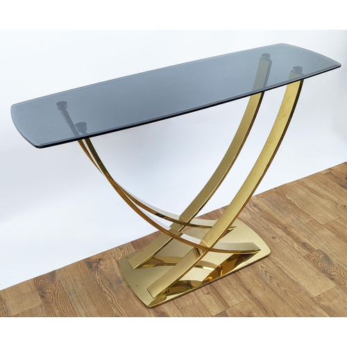 408 - CONSOLE TABLE, 1970's Italian style, gilt metal, smoked glass top, 110cm x 38cm x 76.5cm.