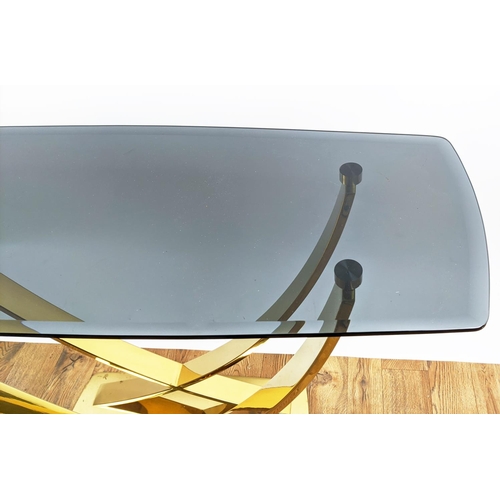 408 - CONSOLE TABLE, 1970's Italian style, gilt metal, smoked glass top, 110cm x 38cm x 76.5cm.