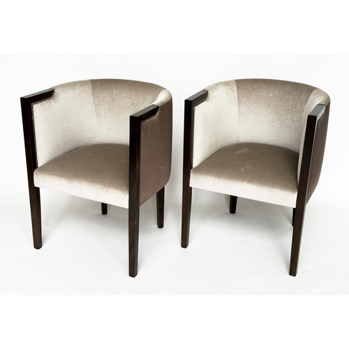 427 - ARMCHAIRS, a pair, Art Deco style studded grey upholstered, 60cm W. (2)