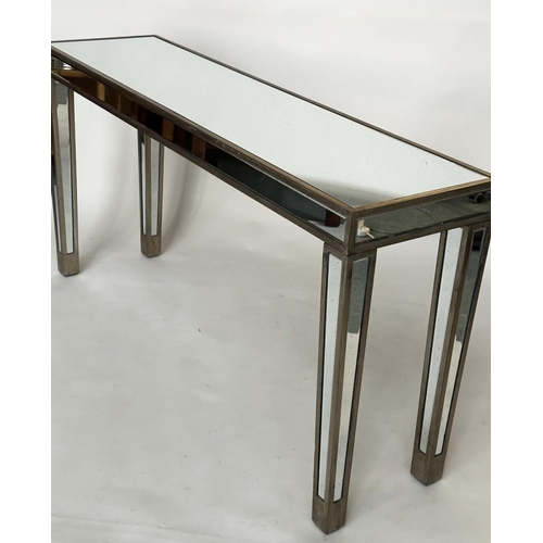 428 - CONSOLE TABLE, Italian style rectangular silvered wood and bevelled mirror panelled with tapering su... 