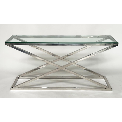 433 - EICHHOLTZ CONSOLE TABLE, polished glass on chrome cross frame base, 150cm W x 40cm D x 74cm H.