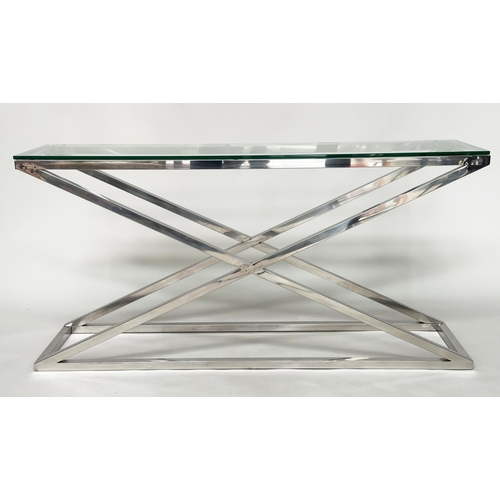 433 - EICHHOLTZ CONSOLE TABLE, polished glass on chrome cross frame base, 150cm W x 40cm D x 74cm H.