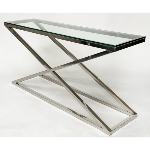 433 - EICHHOLTZ CONSOLE TABLE, polished glass on chrome cross frame base, 150cm W x 40cm D x 74cm H.