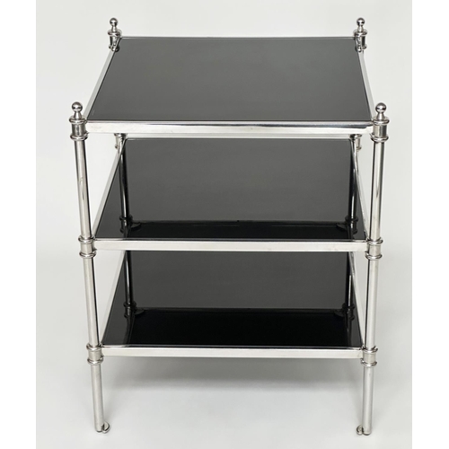 435 - LAMP TABLE, square chromed metal with three glass shelves and finials, 55cm x 55cm x 69cm H.