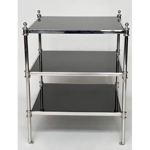 435 - LAMP TABLE, square chromed metal with three glass shelves and finials, 55cm x 55cm x 69cm H.