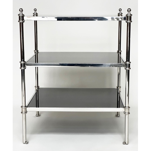 435 - LAMP TABLE, square chromed metal with three glass shelves and finials, 55cm x 55cm x 69cm H.