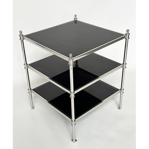 435 - LAMP TABLE, square chromed metal with three glass shelves and finials, 55cm x 55cm x 69cm H.