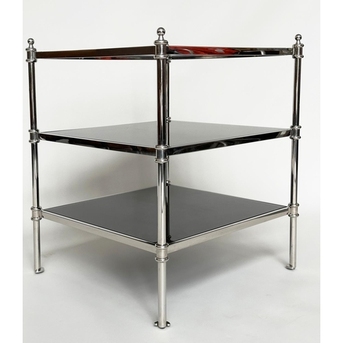 435 - LAMP TABLE, square chromed metal with three glass shelves and finials, 55cm x 55cm x 69cm H.