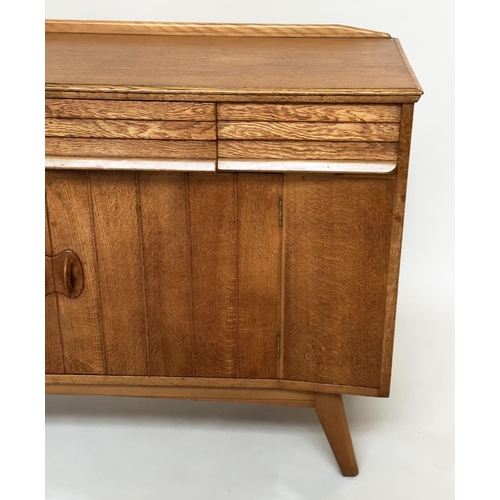 439 - EVEREST SIDEBOARD, mid 20th century oak with three doors above two slatted doors on splay supports, ... 