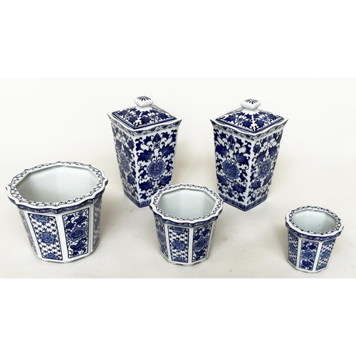 445 - PLANTERS, a graduated set of three Chinese blue and white ceramic octagonal facetted, largest 24cm W... 