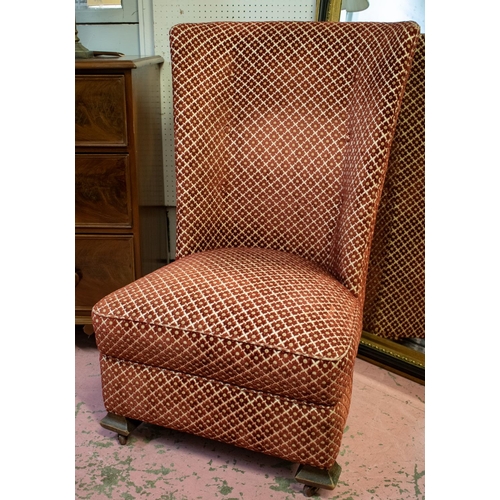 446 - MACKINTOSH INFLUENCE CHAIR, 105cm H x 61cm W, early 20th century in patterned red chenille on cerami... 