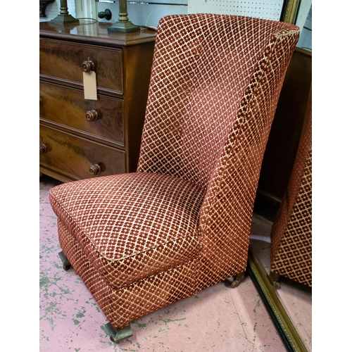 446 - MACKINTOSH INFLUENCE CHAIR, 105cm H x 61cm W, early 20th century in patterned red chenille on cerami... 