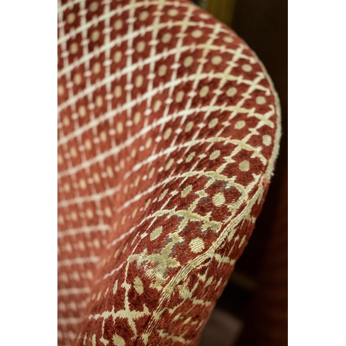 446 - MACKINTOSH INFLUENCE CHAIR, 105cm H x 61cm W, early 20th century in patterned red chenille on cerami... 