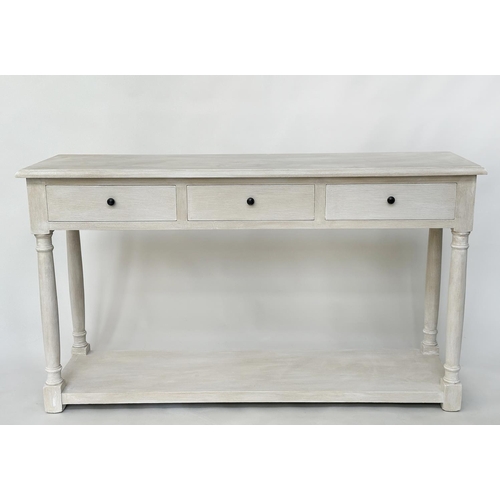 449 - HALL TABLE, vintage grey painted with three frieze drawers and undertier, 150cm W x 45cm D x 85cm H.