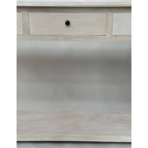 449 - HALL TABLE, vintage grey painted with three frieze drawers and undertier, 150cm W x 45cm D x 85cm H.