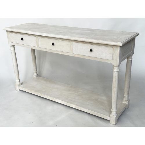 449 - HALL TABLE, vintage grey painted with three frieze drawers and undertier, 150cm W x 45cm D x 85cm H.