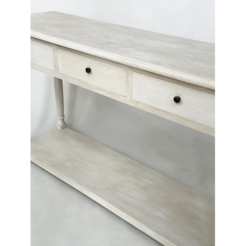 449 - HALL TABLE, vintage grey painted with three frieze drawers and undertier, 150cm W x 45cm D x 85cm H.