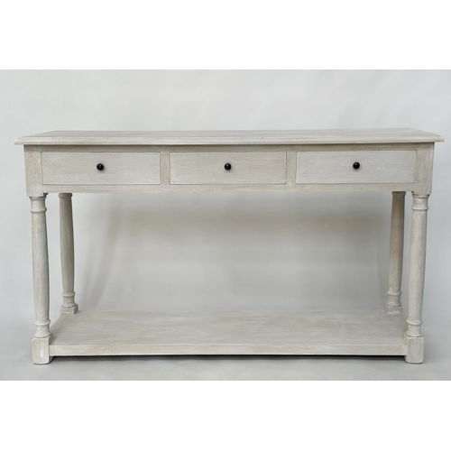 449 - HALL TABLE, vintage grey painted with three frieze drawers and undertier, 150cm W x 45cm D x 85cm H.